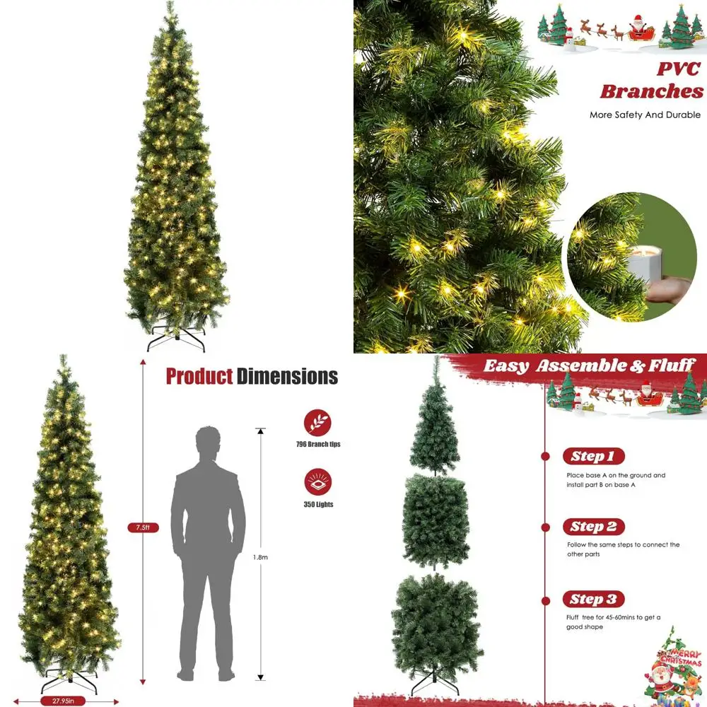 

Искусственная рождественская елочная елка с предварительной подсветкой, 7,5 футов — 750 ветвей и 250 теплых белых огней для дома, офиса, декора вечеринки