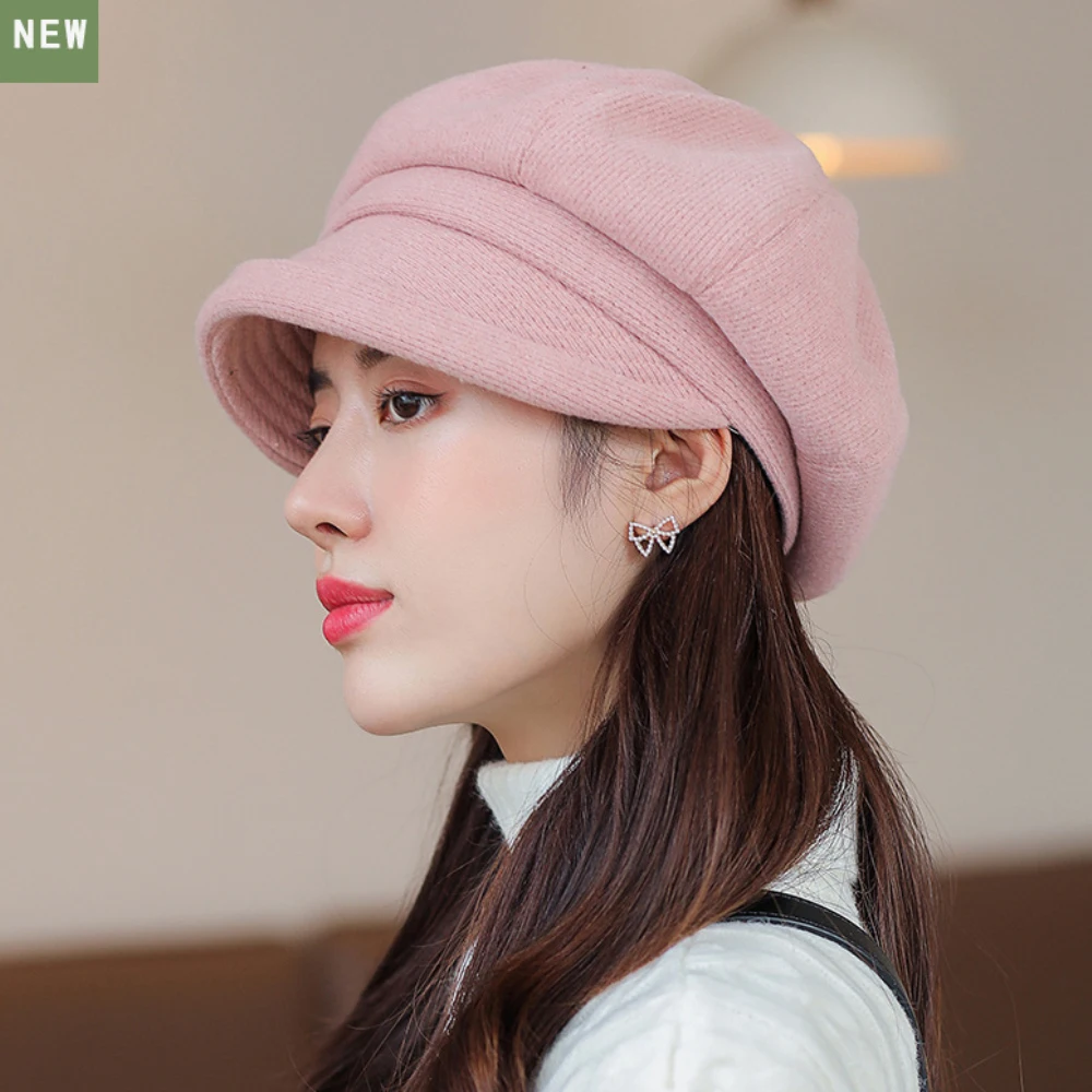 HT4270 Berets Women Solid Plain Autumn Winter Hat Ladies Vintage Artist Painter Beret Hat Female Roll Brim Octagonal  Cap