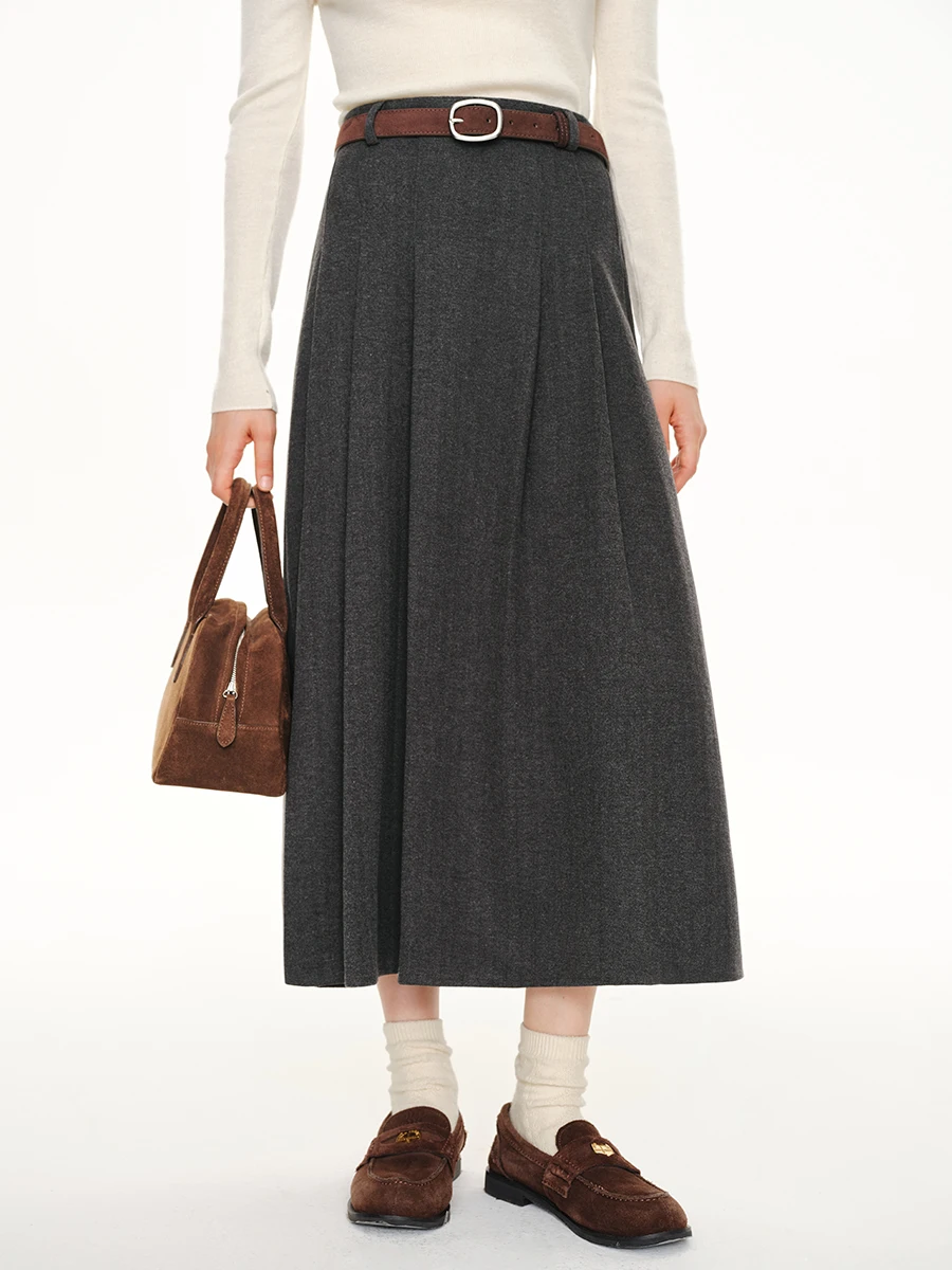 Long A-Line Woolen Skirt Gray Gingham Retro College Style High Waist Warm Polyester Cotton Blend Pleated Skirt for Women