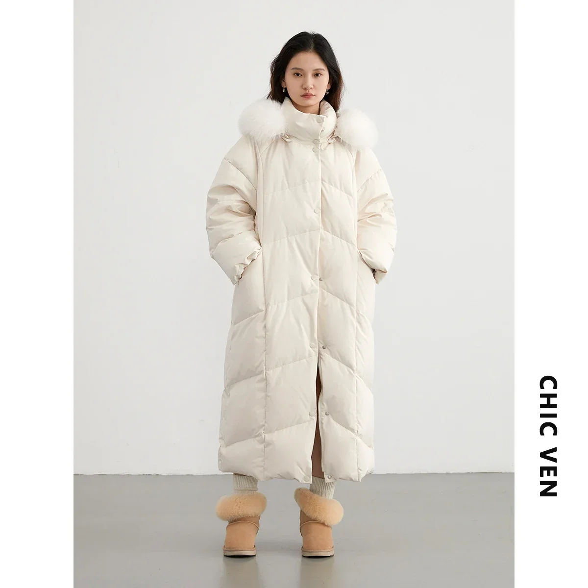 CHIC VEN Women Down Coats New 90 White Duck Down Long Female Down Jacket Hooded Woman Overcoat Winter 2023