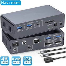 Navceker 8K USB-C ThunderBolt KVM Switch 4K 120Hz 2 Laptops 2 Monitor Type C 12 IN 1 Docking Station 10Gbps USB for Macbook 2 PC