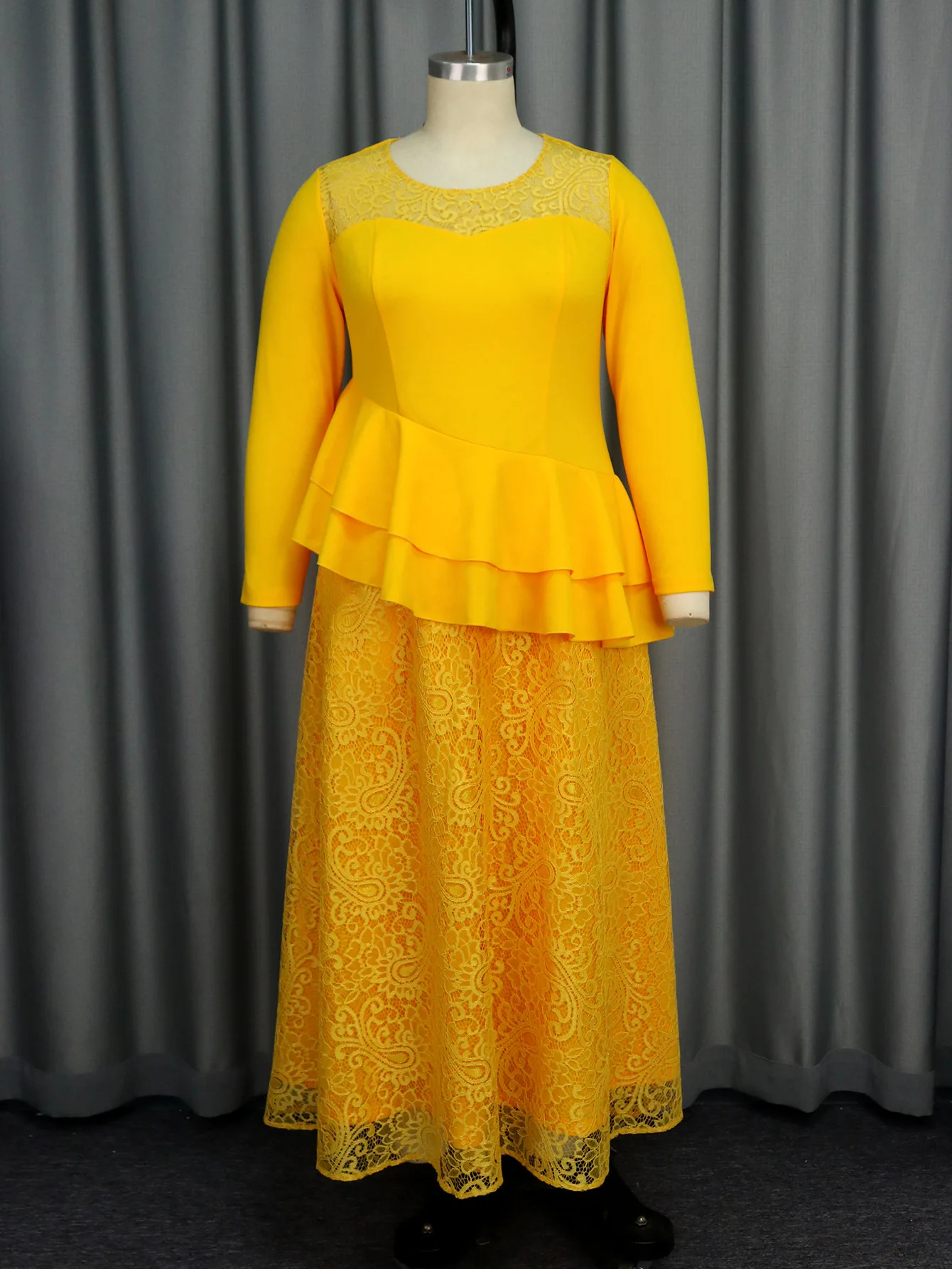 

Perspective AM040813 Light Mature Round Neck Long Sleeve Lace Dress Party Ruffle Edge Dress