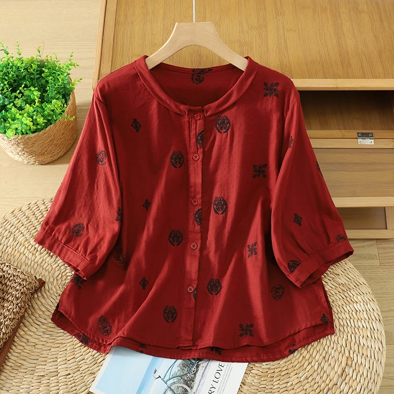 

plus Size Women's Shirt Summer New Vintage Loose Fashion Top Breathable Skin-Friendly Short Sleeve round Neck Open Cardigan