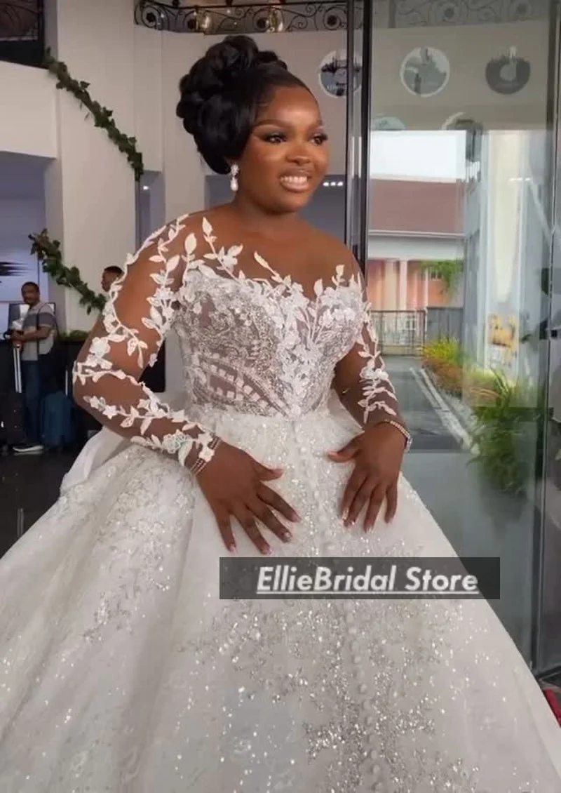 African Ball Gown Wedding Dresses For Brides Sheer Neck Lace Bridal Gowns Long Sleeve Beading Vestido De Noiva 2025 Customized image 6