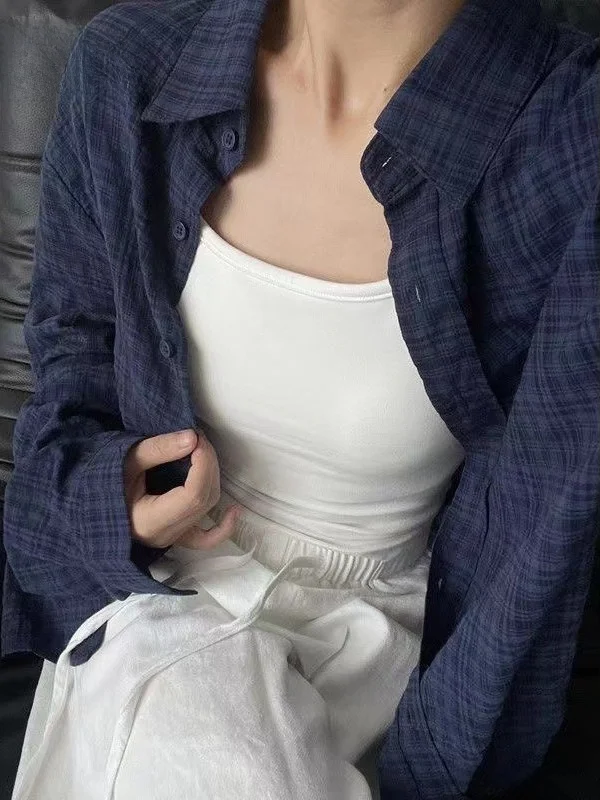 

Retro Japanese Sle Deep Blue Pure Cotton Plaid irt Women Early Autumn 2026 New Cold Tone High-End Feeling Top Women