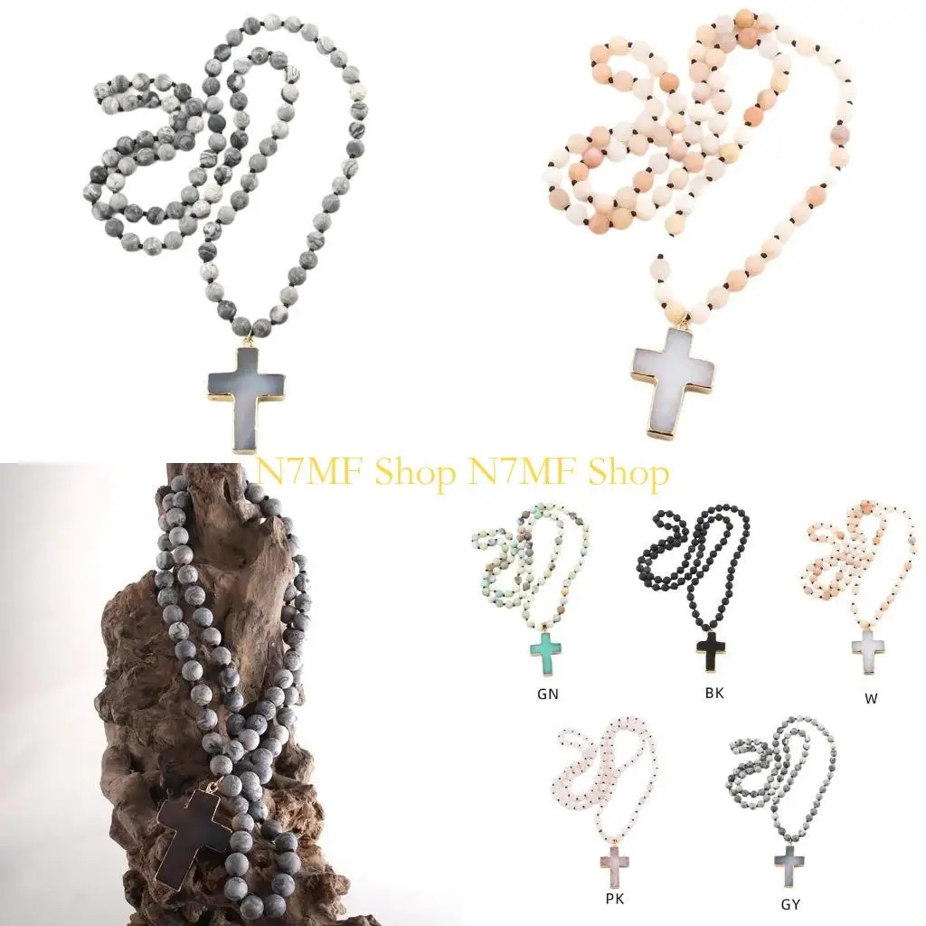 

N7MF Handmade 8mm Beaded Stone Necklace Crucifix Pendant Clavicle Chain Adjustable Length Neckchain for Stylish Women