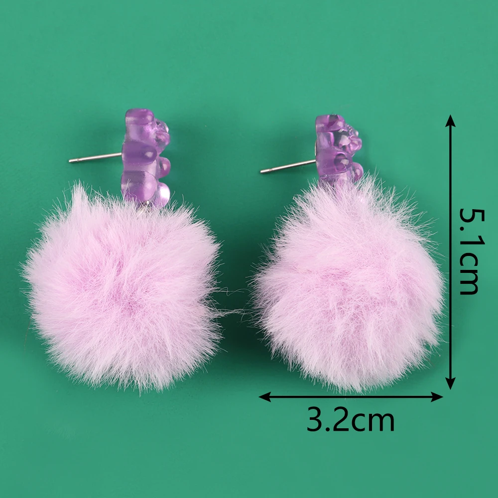 Candy Color Gummy Bear Soft Fur Pompon Drop Earrings for Women Korean Fashion Bears Big Pompom Balls Dangle Earring Y2K Jewelry