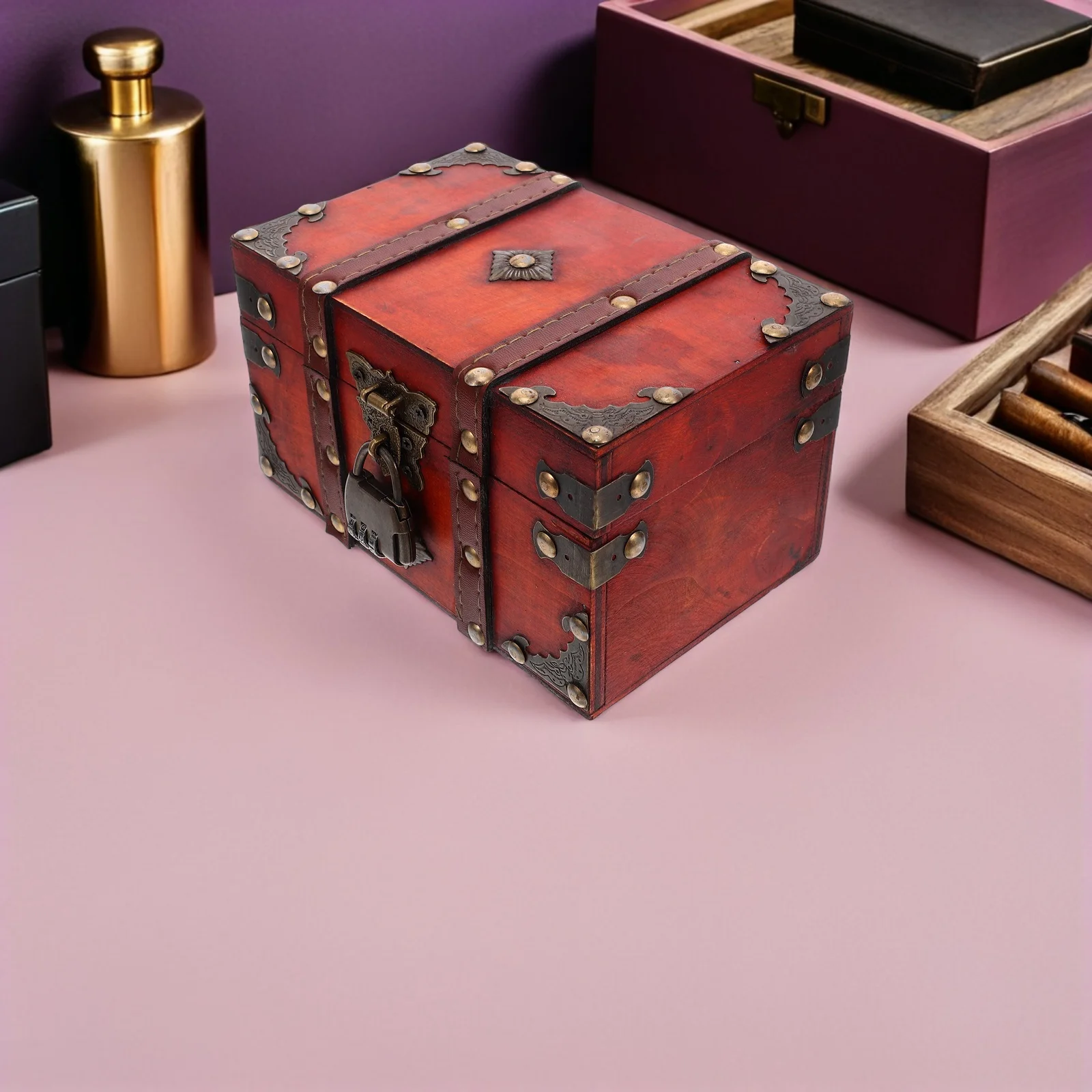 

Small Wooden Treasure Chest Box Lock Retro Jewelry Storage Organizer Decorative Keepsake Rings Earrings Trinkets