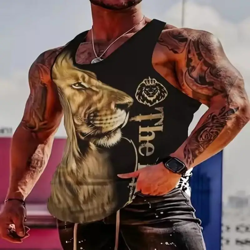 Lion Pattern Tank Tops Eagle With Flag 3D Print Men's Oversized Fitness Gym Vest Streetwear Harajuku Sleeveless Top Man Clothing