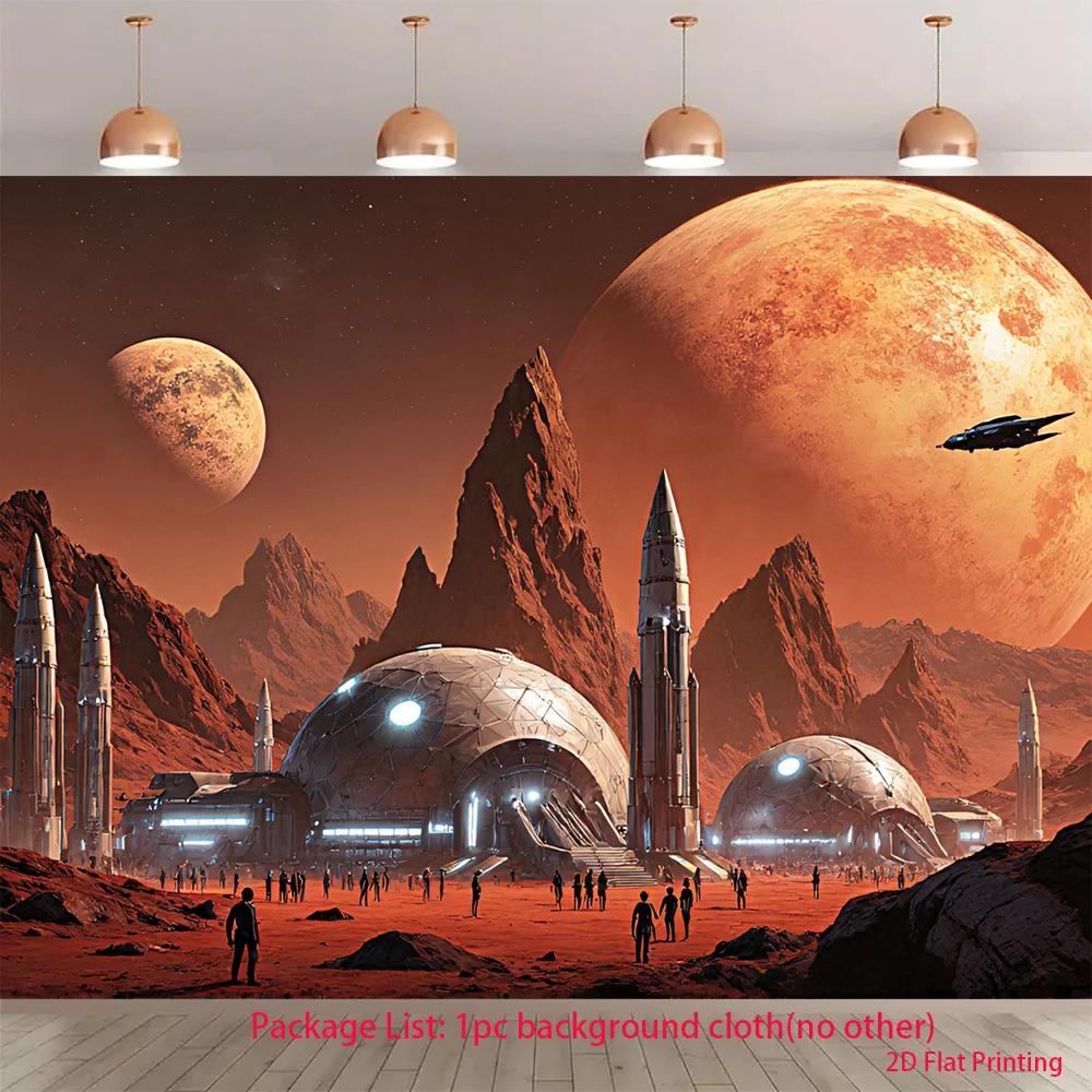 Mars Colony Space Base Tapestry 2D Flat Wall Hanging Rocket Planet SciFi Decor for Boys Room Bedroom Future Art Fabric Poster