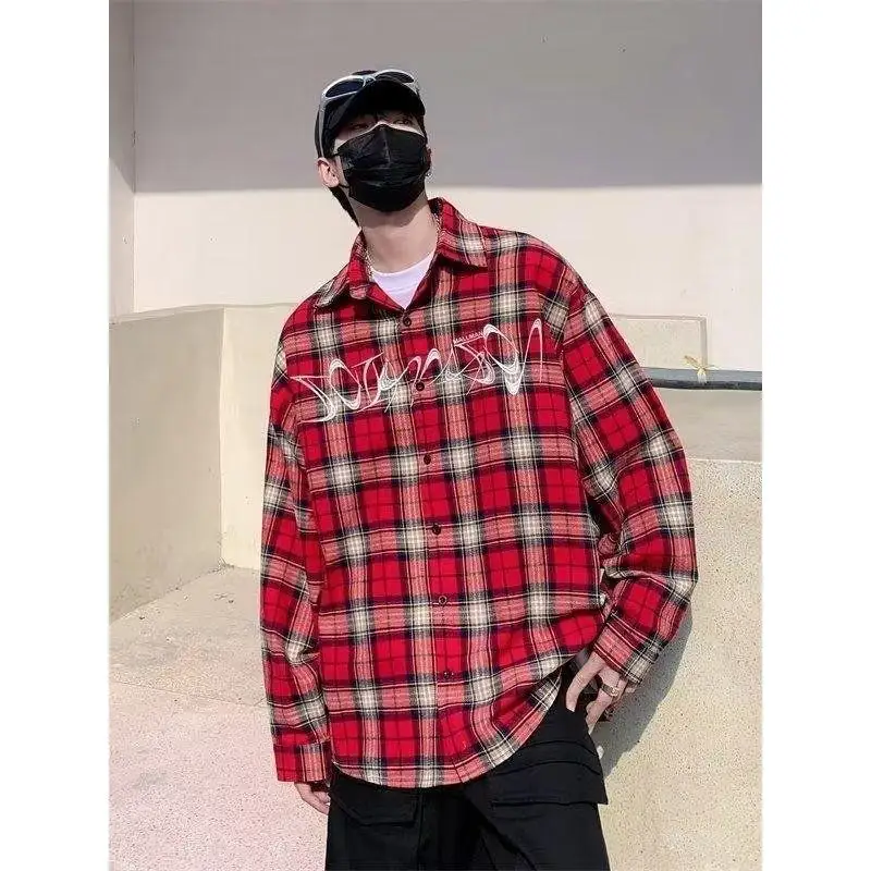 

Retro American High Street Embroidered Plaid irt Red Hiphop Top Thin Outerwear Men Women Sle Breathable Long Sve
