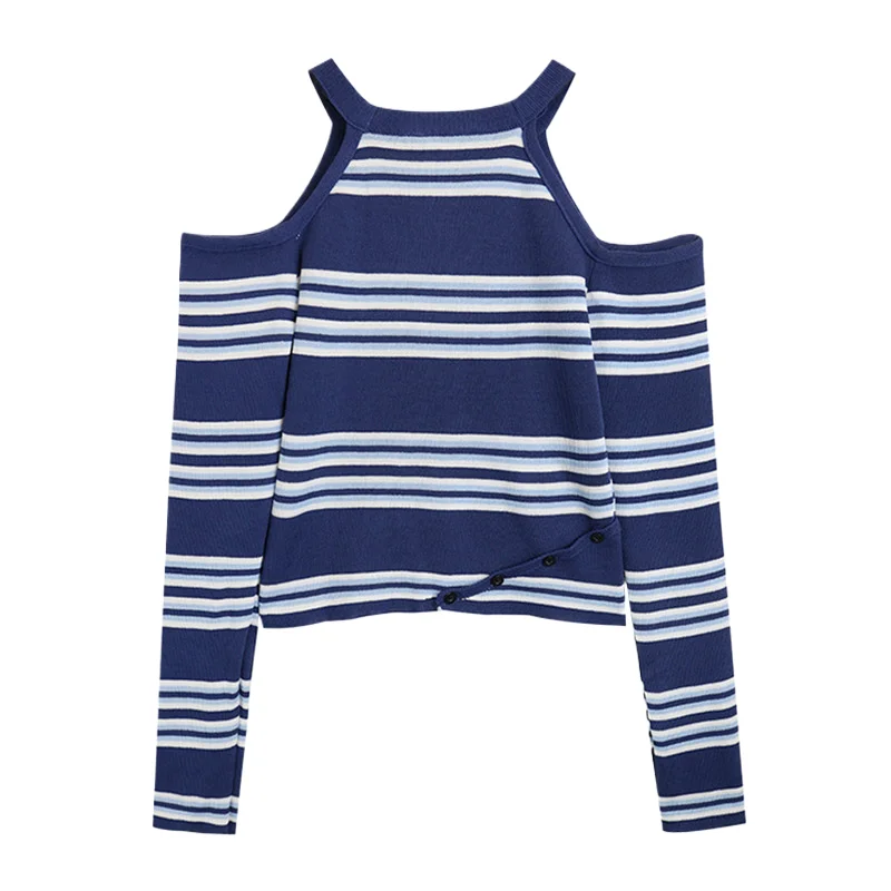 

Полосатый свитер с открытыми плечами и открытыми плечами, футболка для женщин, короткий вязаный топ с длинными рукавами, модная уличная футболка