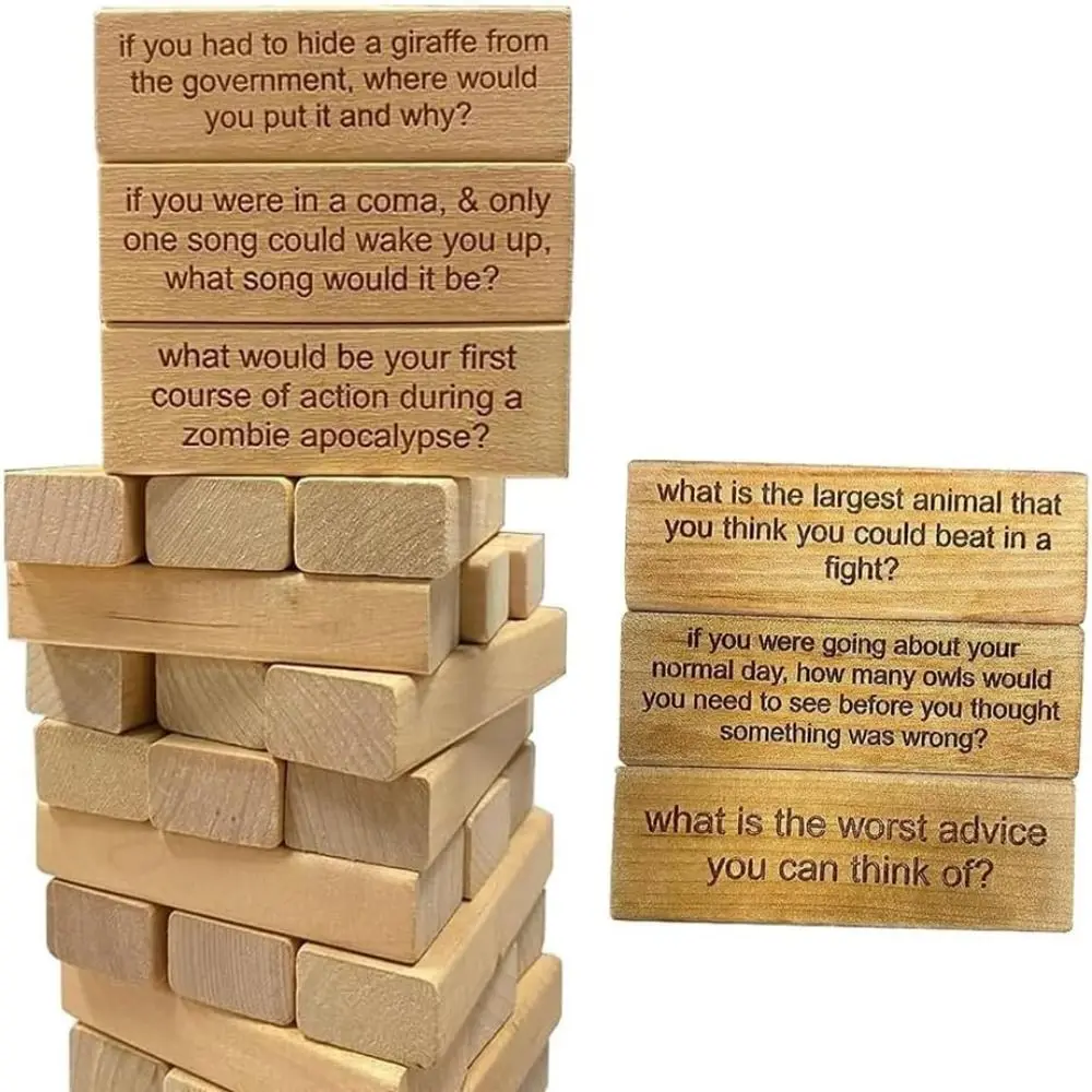 Develop Social Skills Ice Breaker Questions Tumbling Tower Game Portable Fun and Challenging Stacking Wooden Block Lightweight