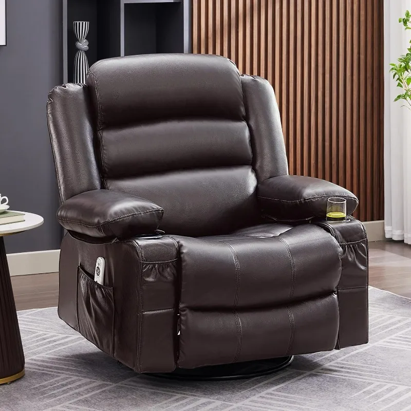 Rocker Recliner Chair with Heat and Massage, 360° Swivel Recliner Chairs for Adults, Oversized Recliner Single Sofa Seat with Cu