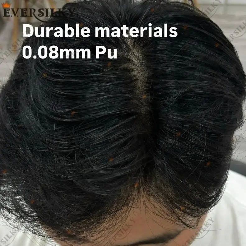 

0.06-0.08mm Silicon Full Transparent Pu base toupee For men 130% Density V-Loop 100% European Human Black hair Natural Hairline