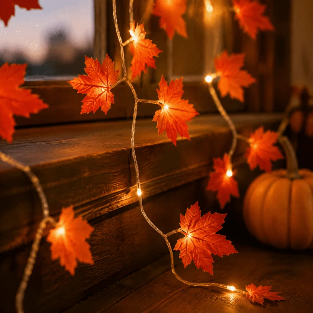 LED String Lights Warm White Remote Control Fairy Curtain Lights Lifelike Maple Leaves Lightweight Durable Material