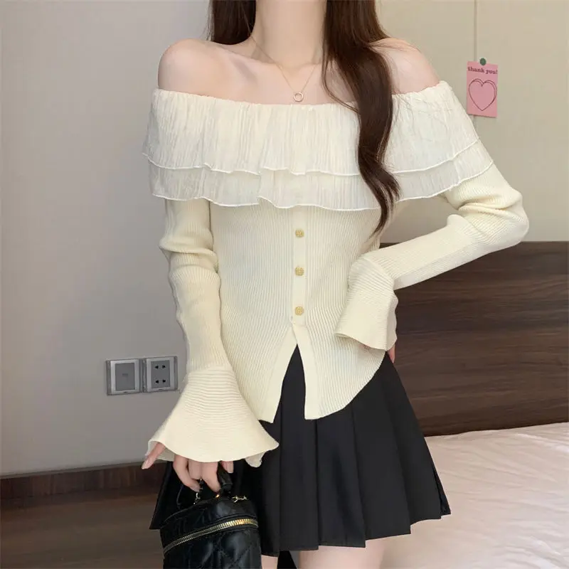 Korean Button Women Pullover Elegant Casual Slash Neck Flare Lace Patchwork Vintage Long Sleeve Jumpers Ladies Tee Basic Top