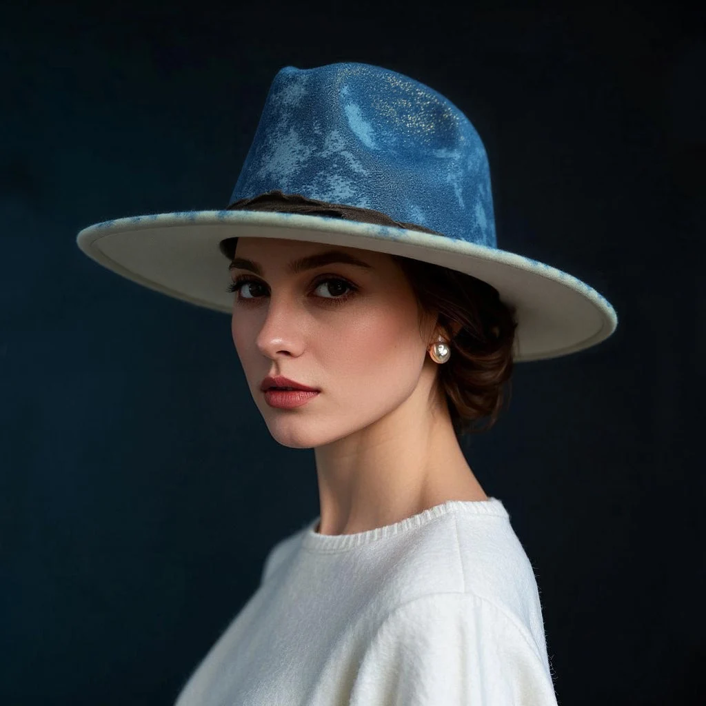 Women Handmade Wide Brim Hand Draw Fedora Hat Lady Blue Jazz Trilby Fascinator Pop Church Adjustable Size