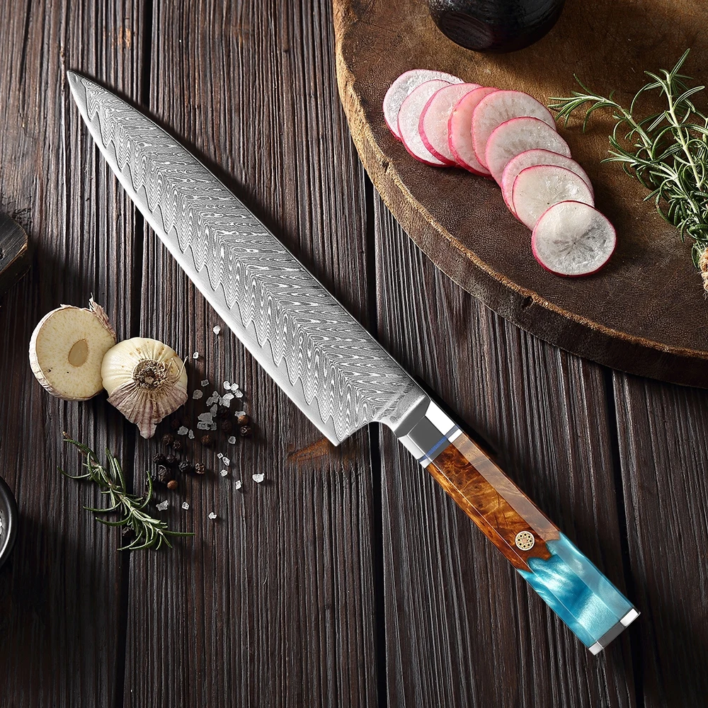 

Damascus Steel Chef Knife 8 Inch Japanese Kitchen Knife Octagonal Blue Resin Handle Vegetables Cleaver Knife Slicing Knife