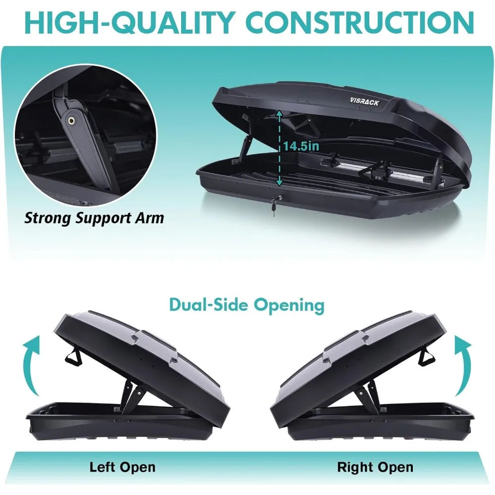 Hard Shell Roof Cargo Box, 16 Cu Ft Rooftop Cargo Carrier with Dual Side Opening, ABS PMMA Black Roof Box for Car SUV, 130 lbs C