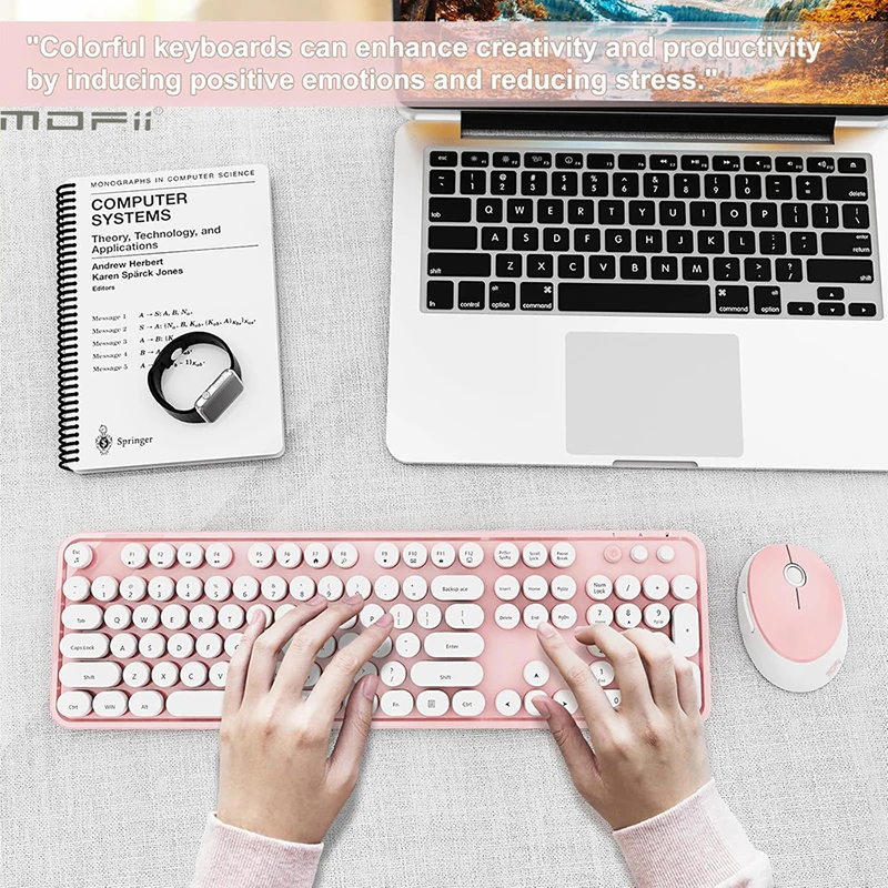 Ergonomic 104 Keys Full Size Round Retro Keycaps Wireless Keyboard and Mouse Set 2.4G Wireless Keyboard Mouse Combo for Desktop