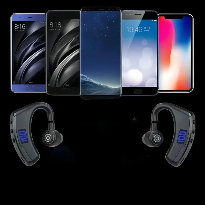 سماعة رأس V9 بشاشة عرض رقمية، سماعة أذن لاسلكية بخطاف للأذن، تقليل الضوضاء ومقاومة للعرق