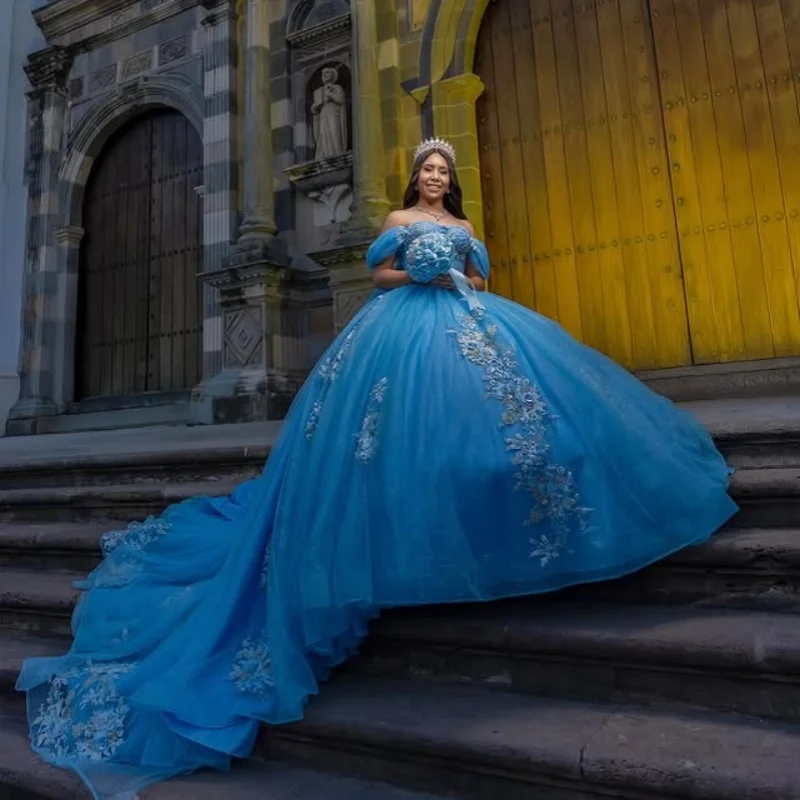 

Блестящее синее платье Quinceanera с открытыми плечами, кружевное платье с кристаллами и длинным хвостом, с бантом, платья de 15, Quinceanera ﻿ Настроить