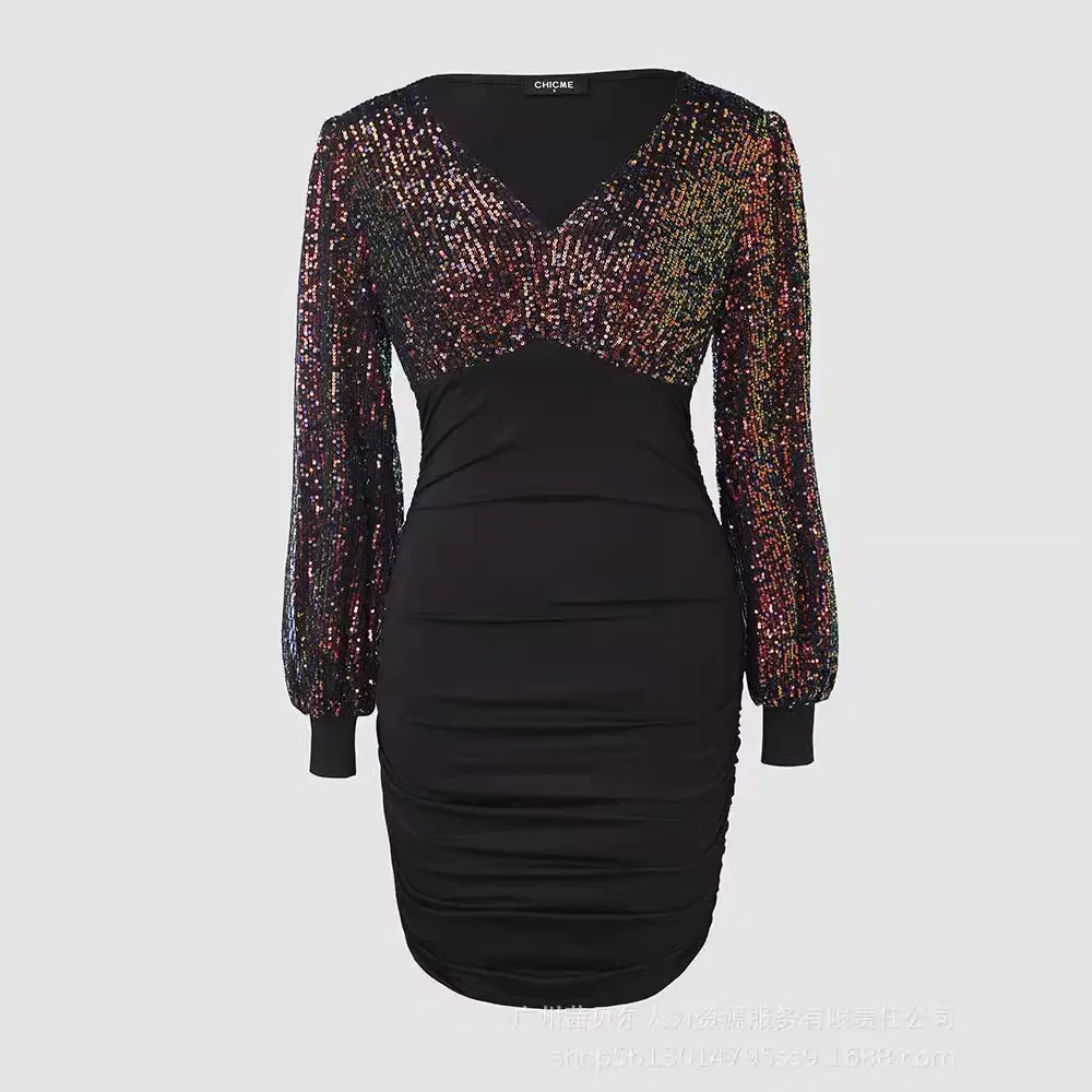 Farbige Perlen Nähte Kleid V-Ausschnitt Party Bodycon Kleid Frauen Langarm hohe Taille schlanke passt Scheide Mini kleid