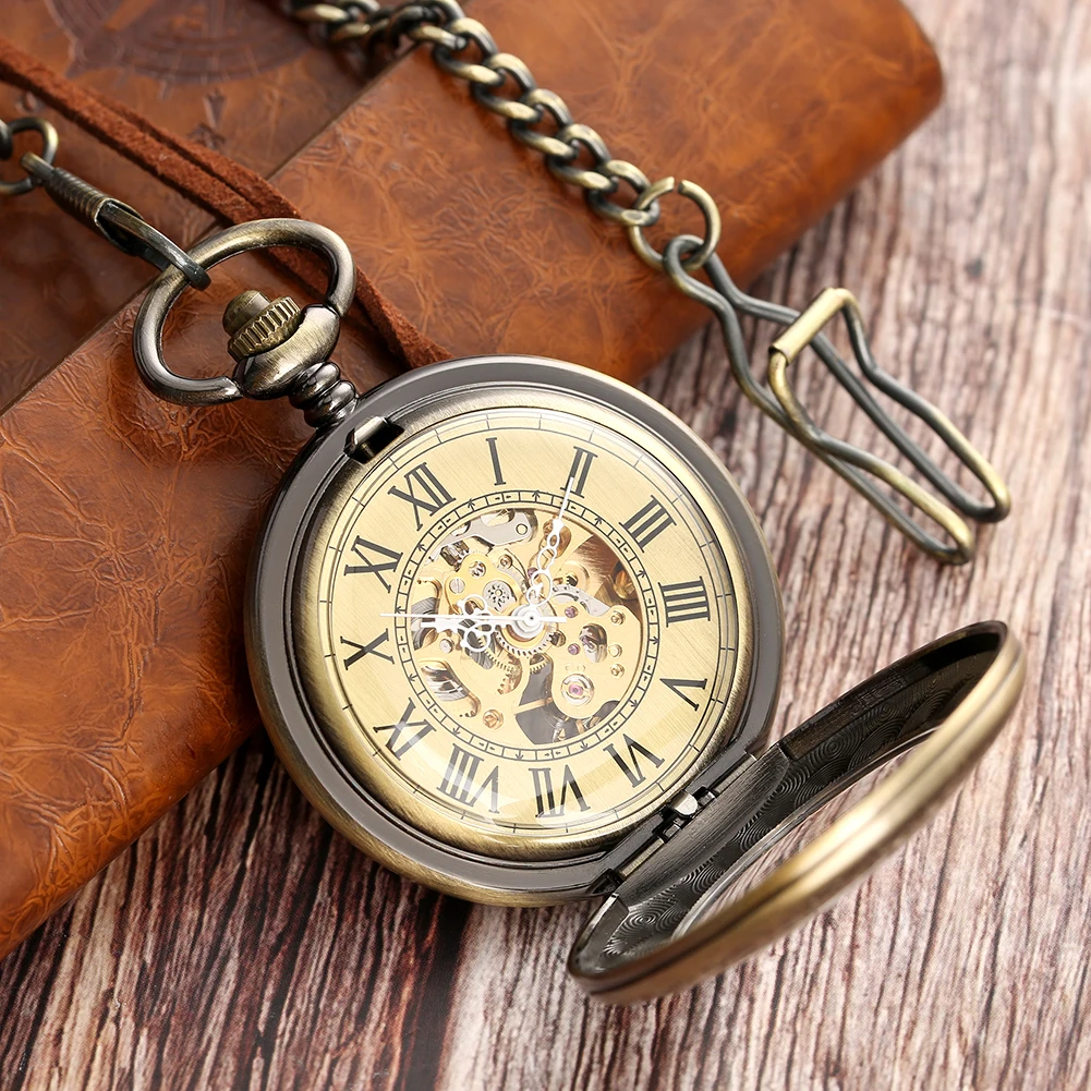 5pcs/lot Bronze Retro Mechanical Pocket Watches Roman Numerals Dial Vintage Fob Chain Pendant Automatic Pocket Clock Wholesale