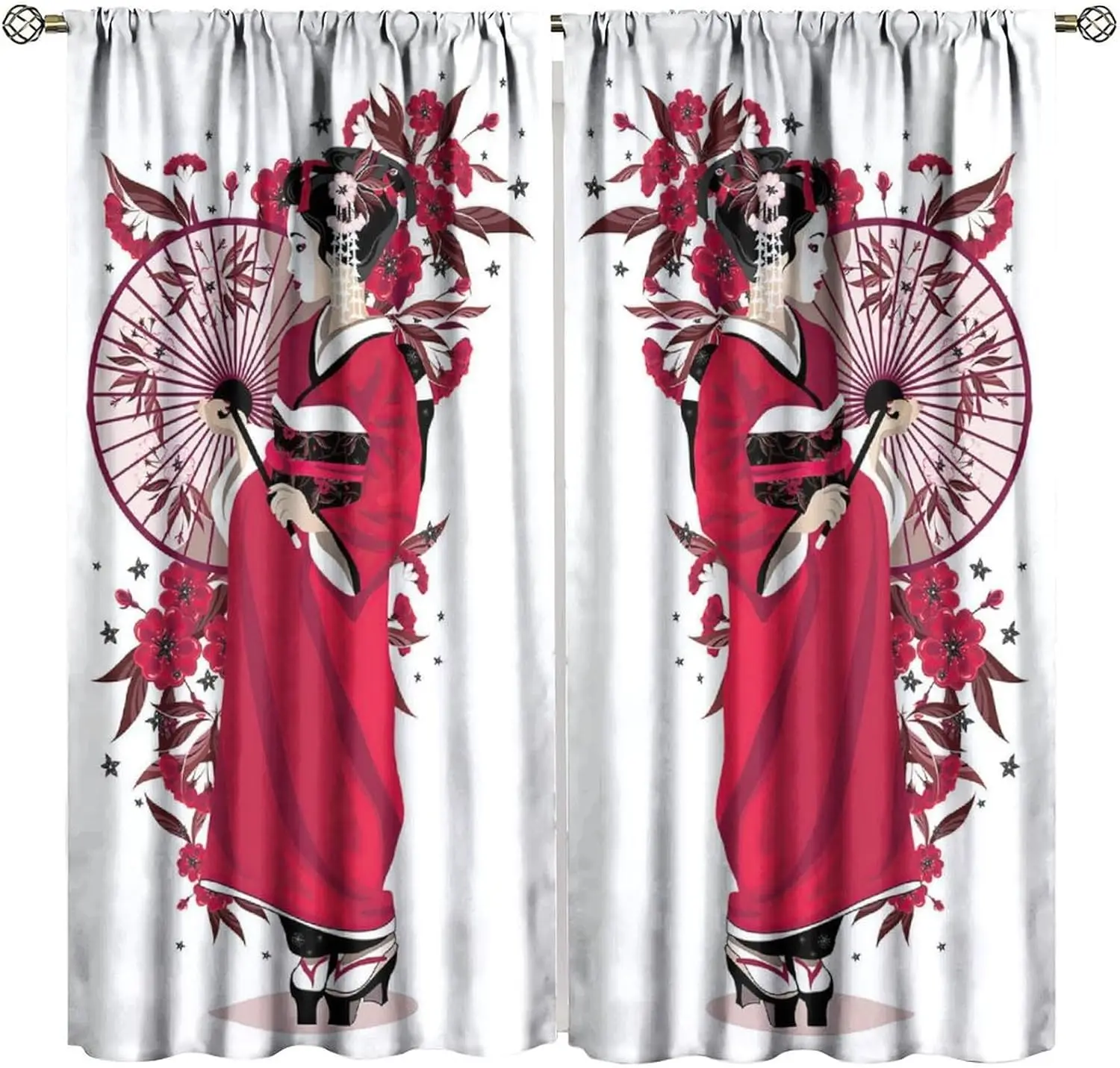 Asian Japanese Curtains, Lady in Kimono with Flowers and Umbrella Traditional Clothes Art Window Drapes, for Living Room Bedroom