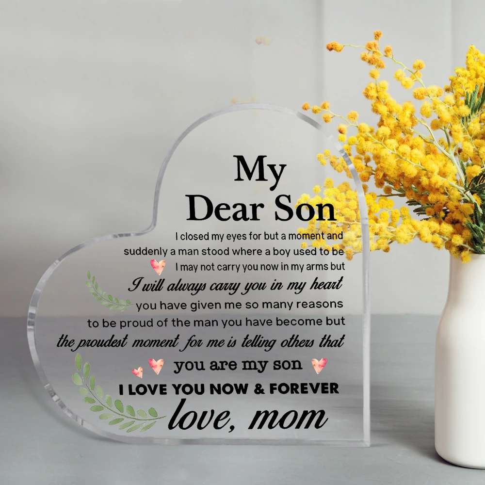 Heart-Shape Acrylic Keepsake Decorative Plaque - Proud, Love & Forever - Gift From Mother To Son - Decorative For Birthday
