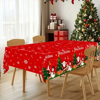 1Pc Large Christmas Tablecloth 130x220cm Disposable Plastic Table Cover with Santa Snowman Xmas Tree, Holiday Party Decor for Ch