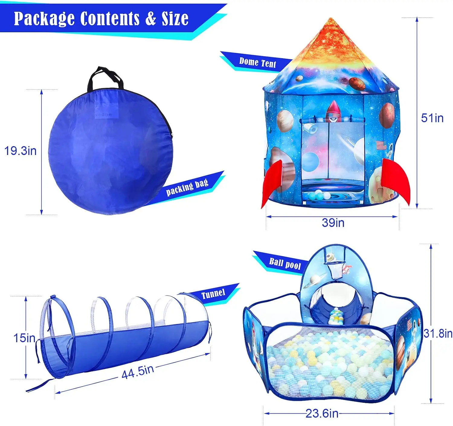 3pc Kids Play Tent for Boys with Ball Pit, Crawl Tunnel, Rocket Ship Tents for Toddlers, Baby Space World Playhouse Toys, Boys I