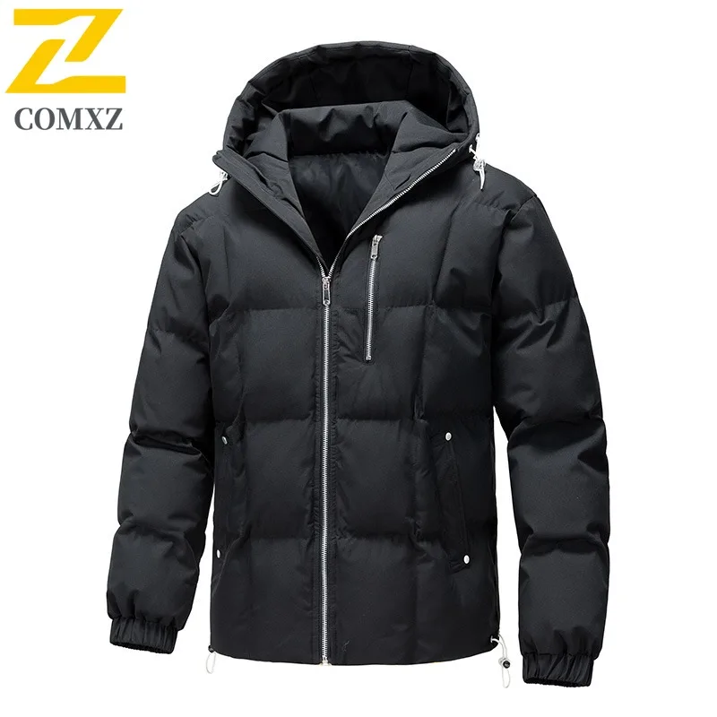 Men's Winter Hooded Padded Jacket Thermal Loose Fit Windproof Parka Casual Thickened Fleece Lined Coat Snow Outdoor Bread Style