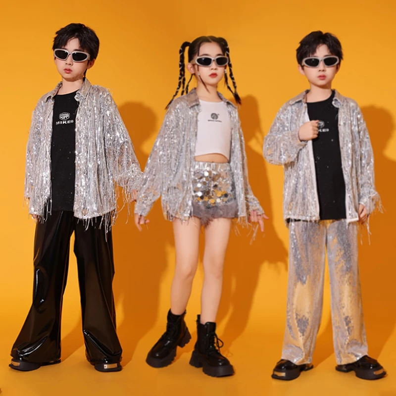 Zilver Jazz Dans Pak Voor Kinderen Prestaties Slijtage Kpop Toneelkostuum Kwastje Shirt Pailletten Shorts Meisje Straat Dansen Show 3395