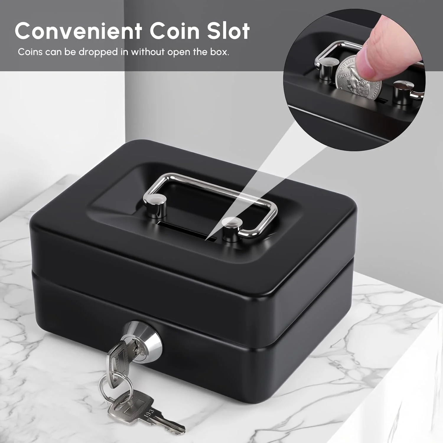 Mini Cash Box with Slot Small Cash Box with Money Tray and Key Lock, Metal Lock Box Small Size