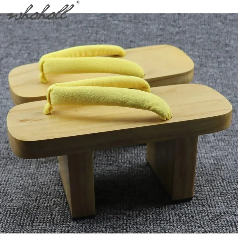 WHOHOLL Japanese Geta Wooden Clogs Mononoke Cosplay Clogs White Wood High Two Teeth Clogs Yellow Belt 10cm Heel High Flip Flops