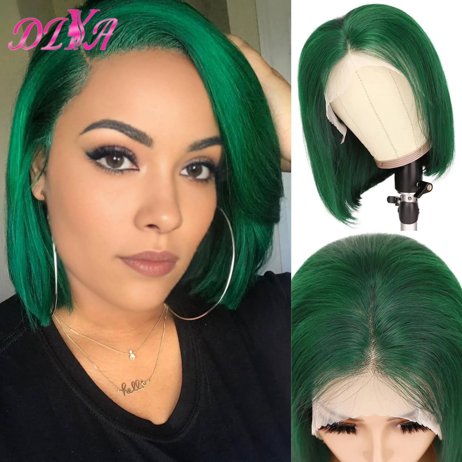 Peruca Frontal Bob Verde Escuro para Mulheres, Cabelo Remy Brasileiro, Curto, Liso, Pré Arrigado, Cabelo Humano, 13x4