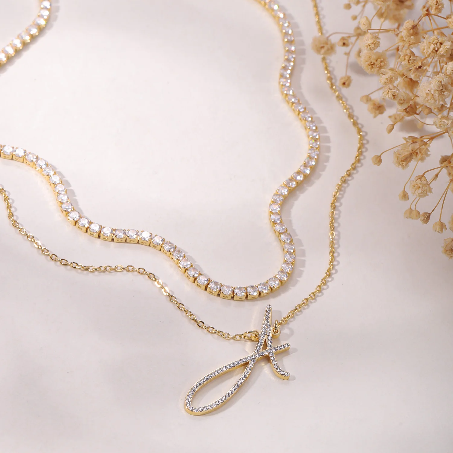 

Ожерелье с надписью из циркона на заказ, двухслойная штабелируемая цепочка из нержавеющей стали с позолотой для ее подарка