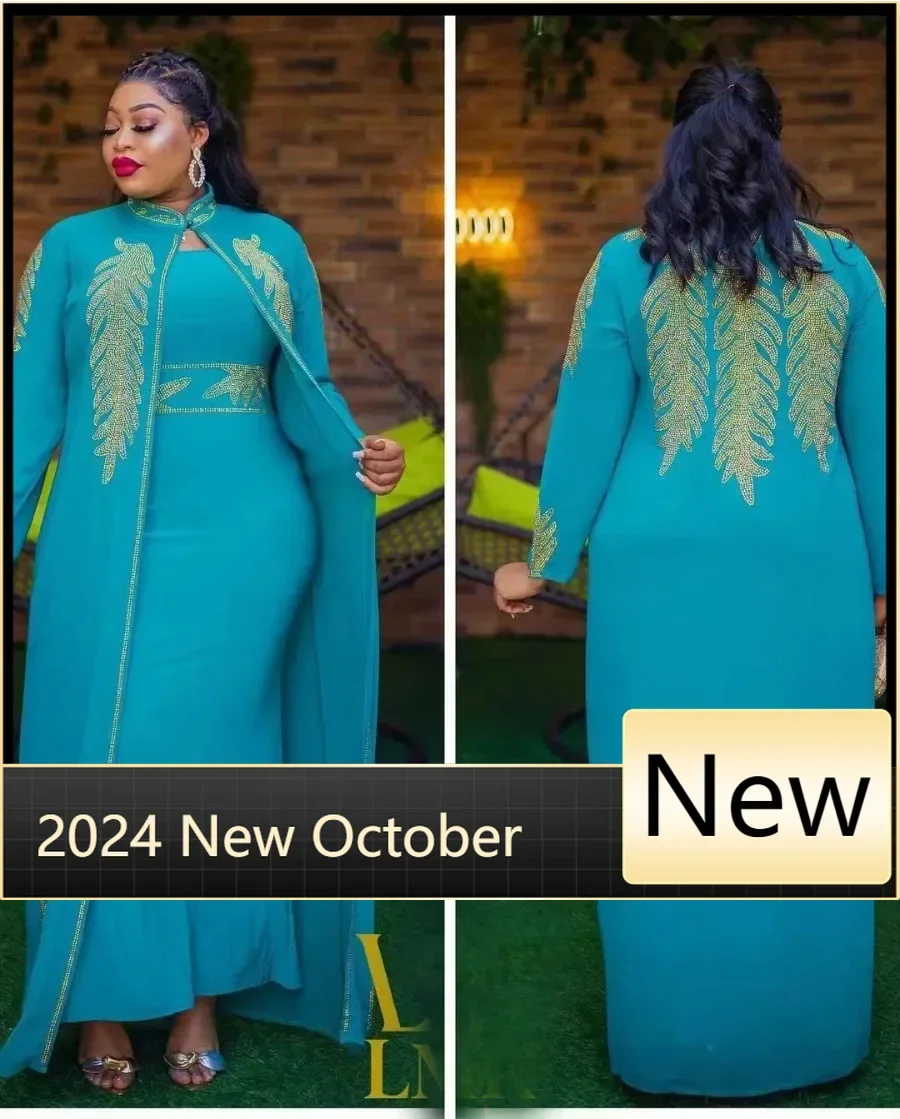 

African Expensive luxury robe long sleeve front and rear luxury rhinestone Diamond elastic inner skirt two-piece set