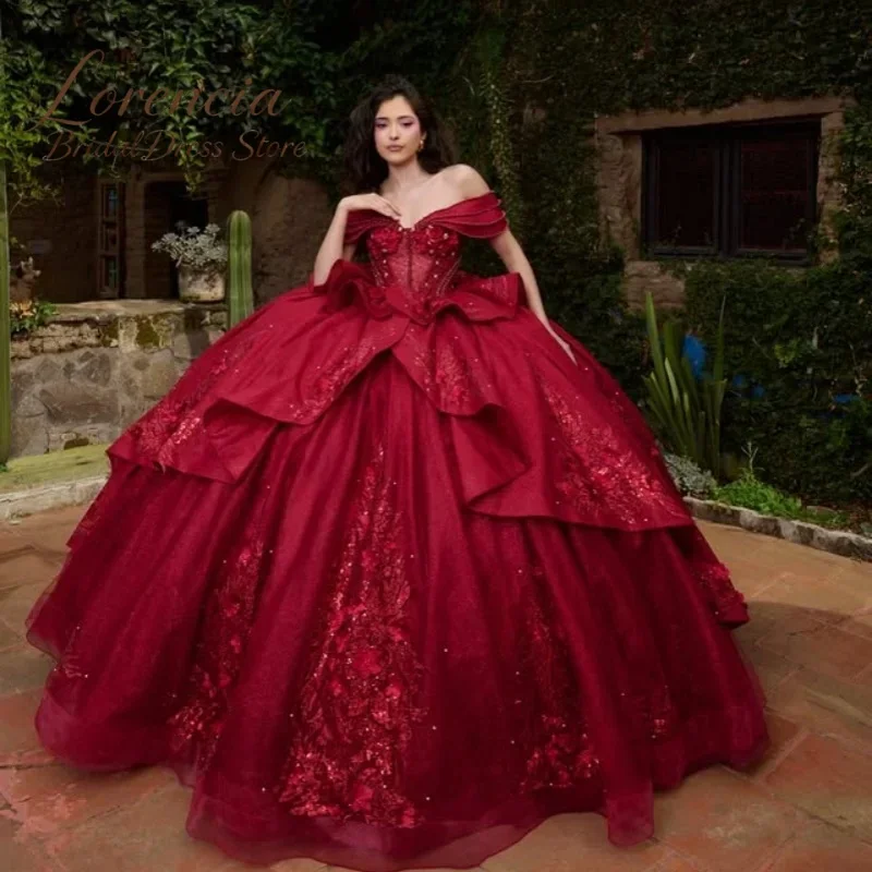 Customized Glittering Off-Shoulder Quinceanera Dress With Bow Beading Flower Lace Birthday Party Ball Gown Vestidos De 15 Anos
