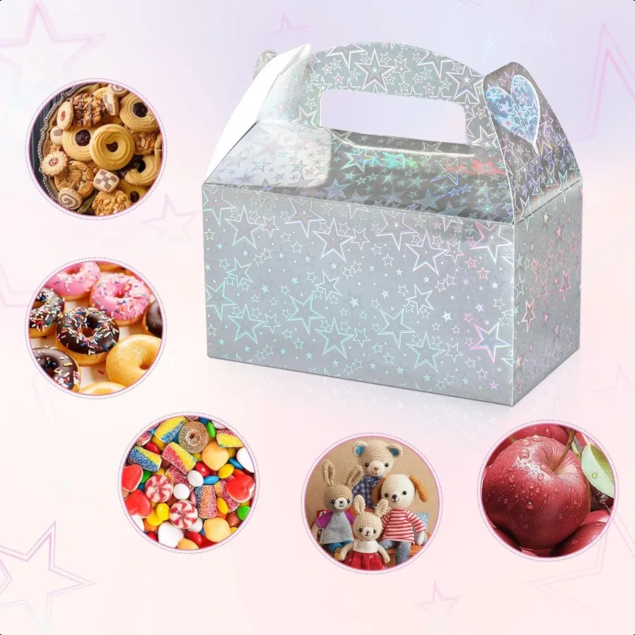 Iridescent Star Party Favor Treat Box 24pcs Holographic Gable Boxes for Candy Snacks Gifts Shiny Goodie Boxes for Birthday part