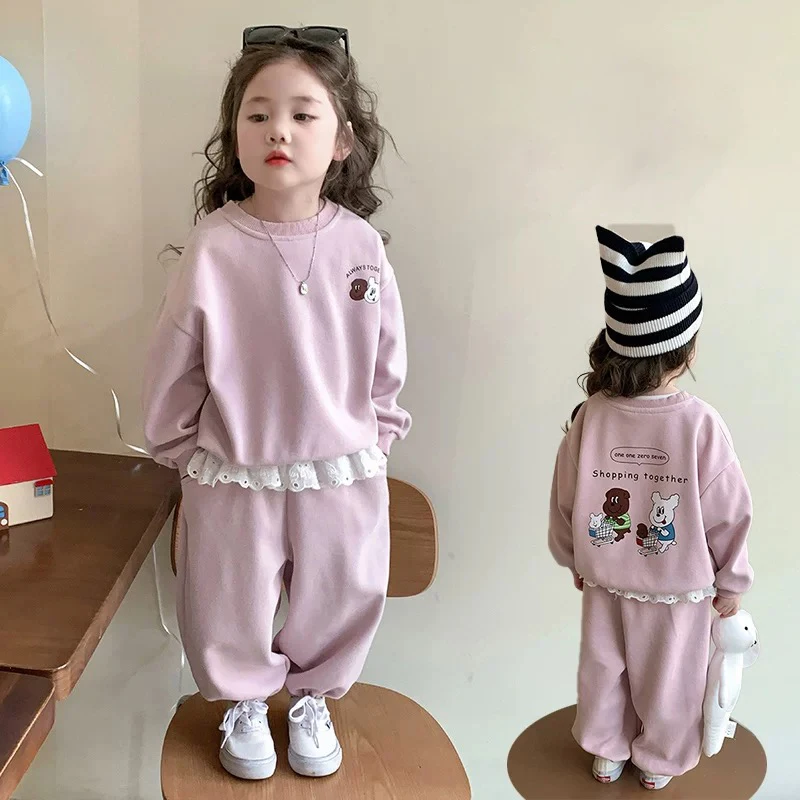 2026 Neue Herbst-Babykleidung für Mädchen, Sweatshirt-Sets, Kinder-Cartoon-Print-Pullover + Spitzen-Rüschenhose, 2-teiliger Freizeit-Trainingsanzug für Kinder – Detail 1