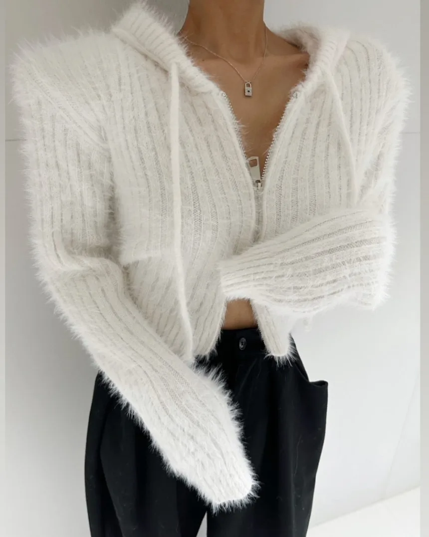 Korean Fashion Vintage Knitting Mink Cashmere Zipper Long Sleeve Soft Warm Women Autumn Winter Cardigan Sweater