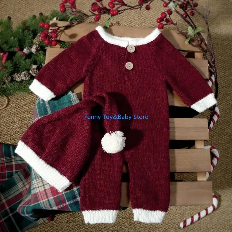 C90B Holiday Theme Santa Hat Romper Infant Photography Props Knitted Christmas Outfit