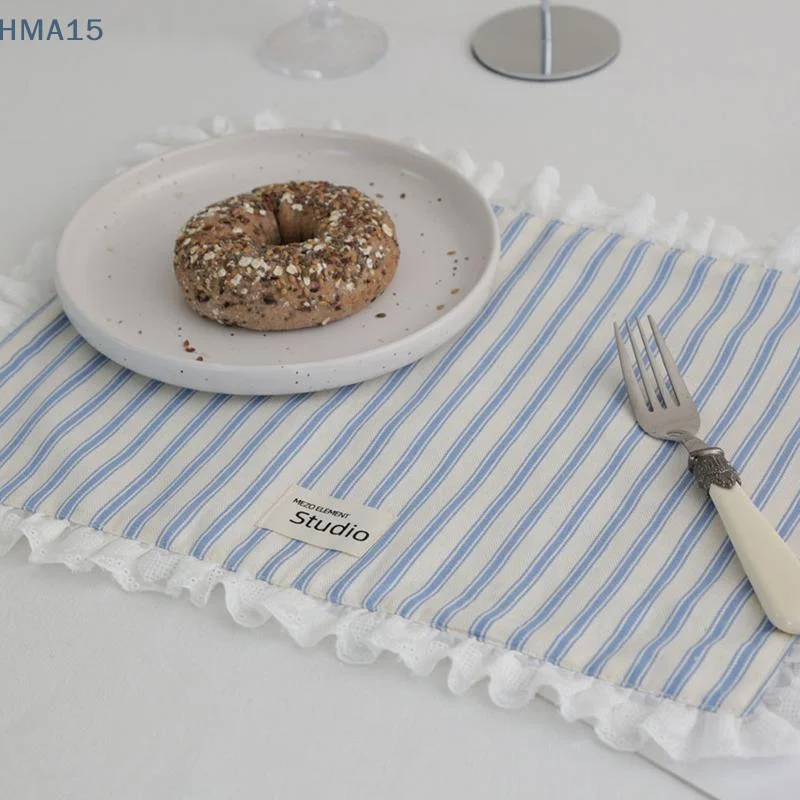 【YA】Kitchen Table Placemat 35x45cm Blue White Stripe Lace Ruffle Cute Mat for Family Dinner Decor