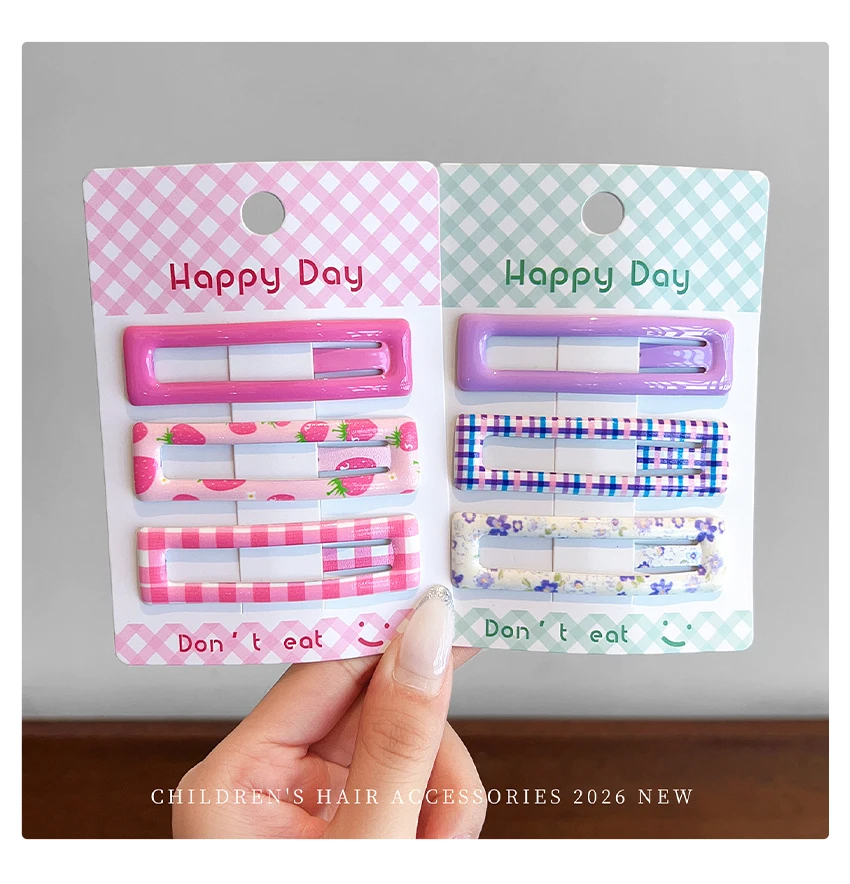 Neue koreanische 3-teilige Haarspangen-Sets mit kariertem, floralem und fruchtigem Muster für Frauen, Mädchen und Kinder, BB-Haarspangen, Mädchen-Haaraccessoires – Detail 11