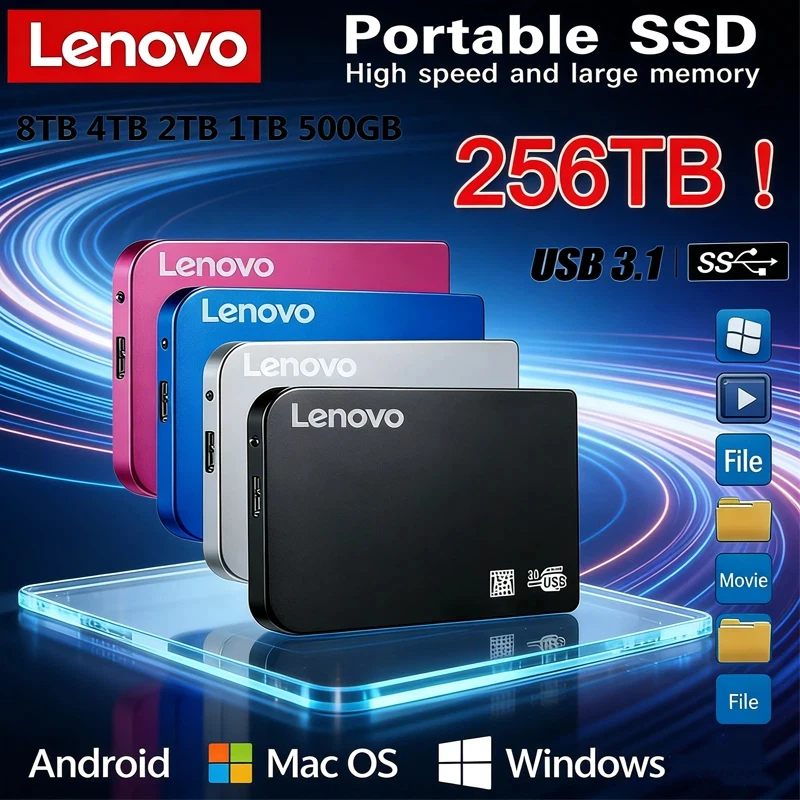 

Внешний корпус для SSD-накопителя Lenovo 256 ТБ, высокоскоростной, USB 3.0, с кабелем USB, из ABS-пластика