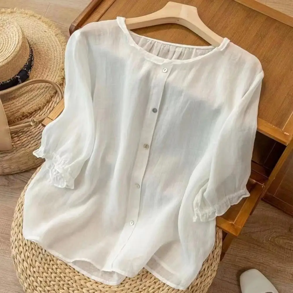 Round Neck Top Solid Color Ruffle Trim Three-quarter Sleeve Women's Blouse Loose Fit Round Neck Shirt with Button Detail Women