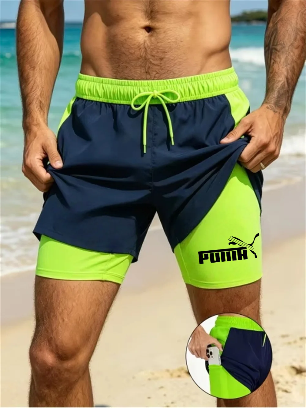 New men's summer double-layer quick-drying compression lining suitable for fitness, sports, surfing, beach shorts drawstring